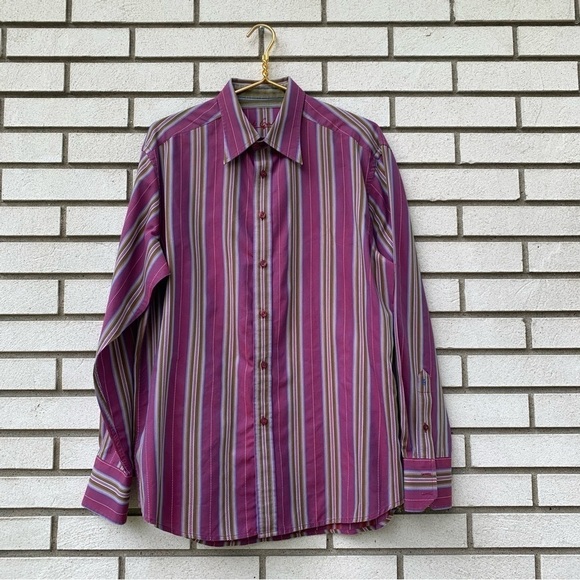 Robert Graham Striped Button Down Shirt L Burgundy Olive Blue Cotton Retro - Picture 1 of 12